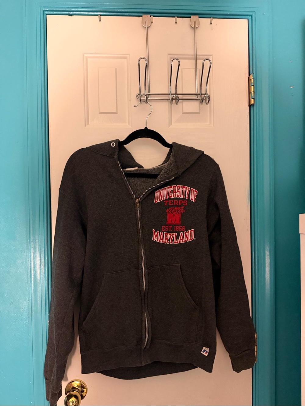 Russell Athletic Charcoal Gray Zip Hoodie with Red Lettering